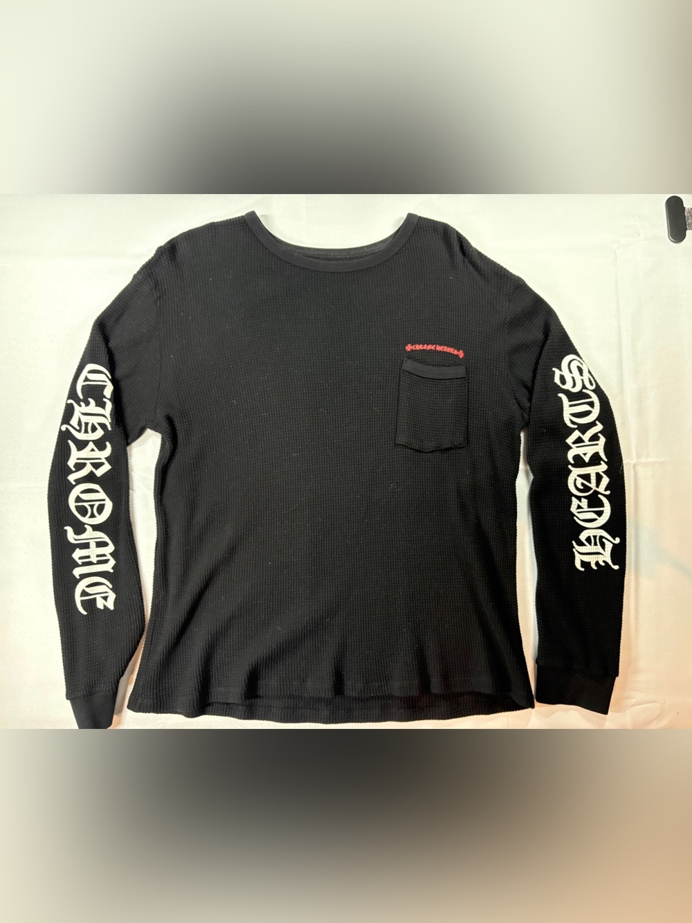 Black Waffle Knit Long Sleeve Graphic Tee Gothic Sleeve Print Pocket